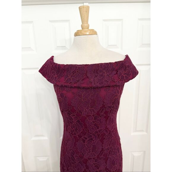 Tadashi Shoji Womens Sangria Embroidered Lace Off Shoulder Evening Gown 6 8 - Picture 2 of 7